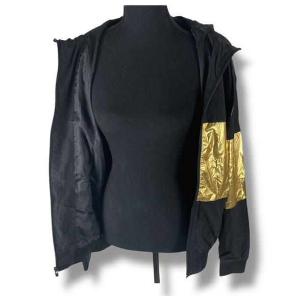 CSG Black Hooded Bomber Jacket with Bold Gold Color-block Women’s Size SP Goth - Picture 3 of 7